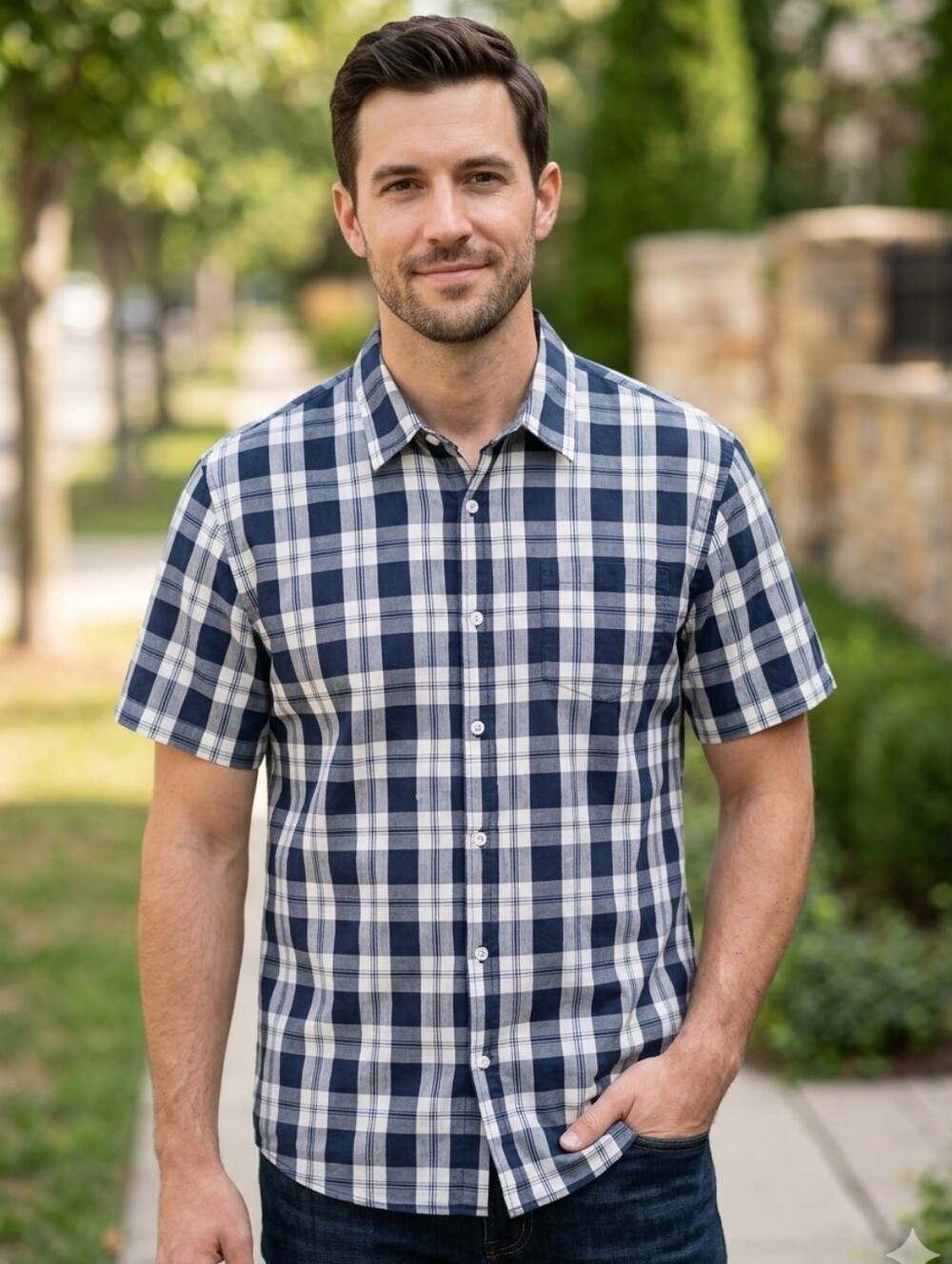 Logan Hill Men's Navy Blue & White Plaid Short Sleeve Button Up Shirt Size XL